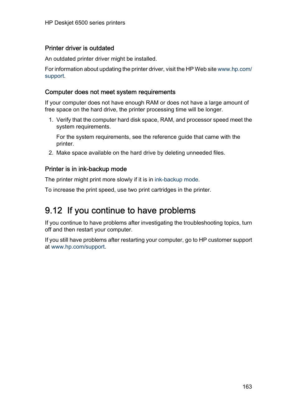 Printer driver is outdated, Computer does not meet system requirements, Printer is in ink-backup mode | 12 if you continue to have problems, If you continue to have problems | HP Deskjet 6540 Color Inkjet Printer User Manual | Page 163 / 201