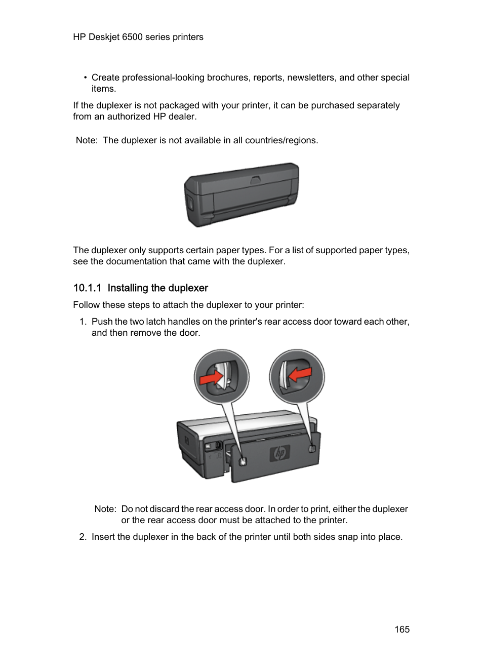 1 installing the duplexer | HP Deskjet 6540 Color Inkjet Printer User Manual | Page 165 / 201