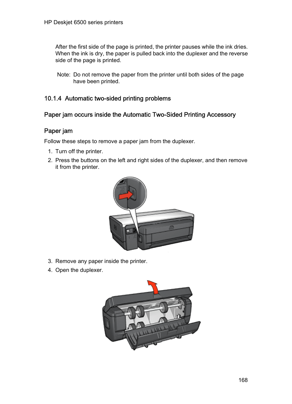 4 automatic two-sided printing problems, Paper jam, Steps to clear a paper jam from the two-sided | Printing accessory | HP Deskjet 6540 Color Inkjet Printer User Manual | Page 168 / 201