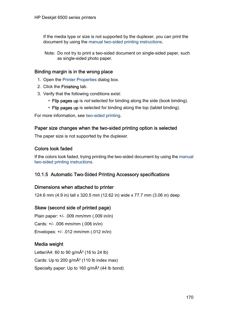 Binding margin is in the wrong place, Colors look faded, Dimensions when attached to printer | Media weight, Automatic two-sided, Printing accessory, Automatic two-sided printing accessory | HP Deskjet 6540 Color Inkjet Printer User Manual | Page 170 / 201