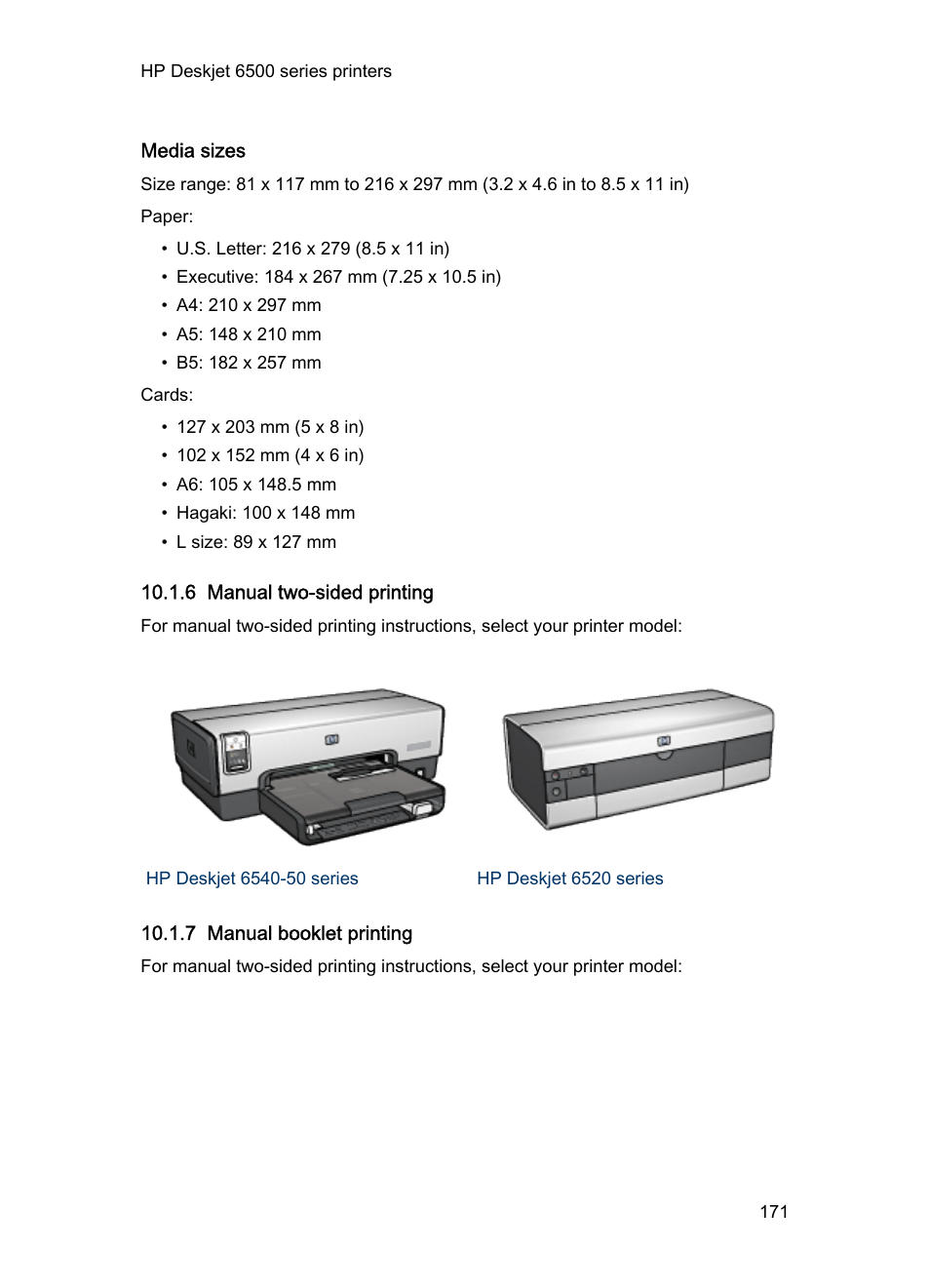 Media sizes, 6 manual two-sided printing, 7 manual booklet printing | Manual two-sided printing, Manually, Manual two-sided printing instructions, Manual, Two-sided printing instructions | HP Deskjet 6540 Color Inkjet Printer User Manual | Page 171 / 201