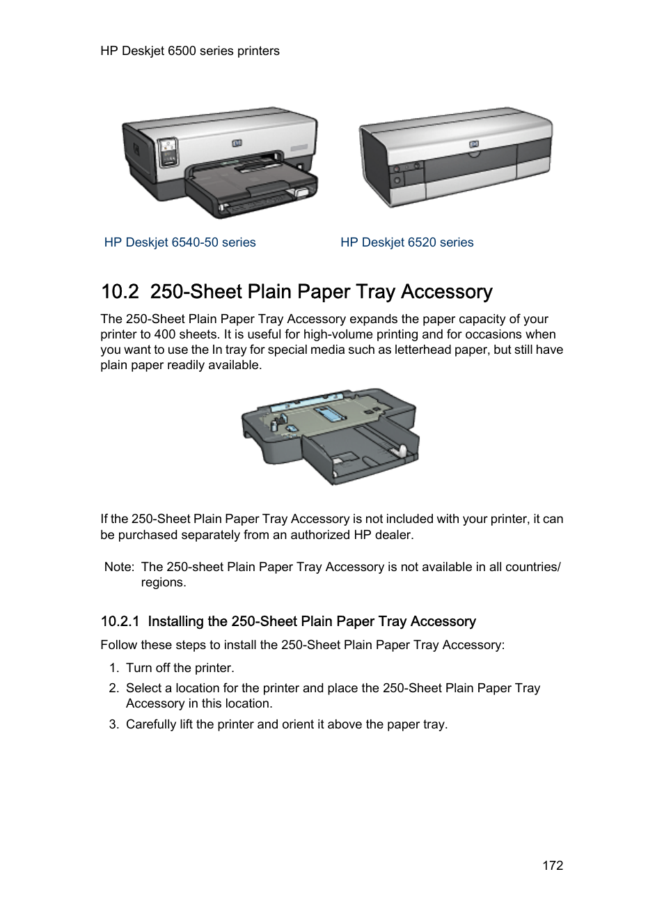 2 250-sheet plain paper tray accessory, Sheet plain paper tray accessory, And expand the printer's paper-handling | Sheet plain paper tray, Accessory, Optional), Or the, Installation steps, Sheet plain paper, Tray accessory | HP Deskjet 6540 Color Inkjet Printer User Manual | Page 172 / 201