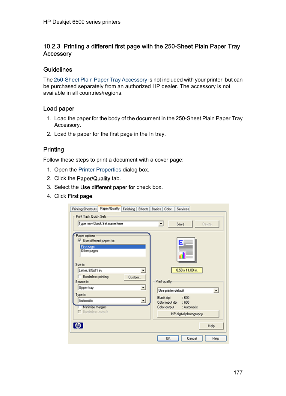 Guidelines, Load paper, Printing | Sheet plain paper tray accessory | HP Deskjet 6540 Color Inkjet Printer User Manual | Page 177 / 201