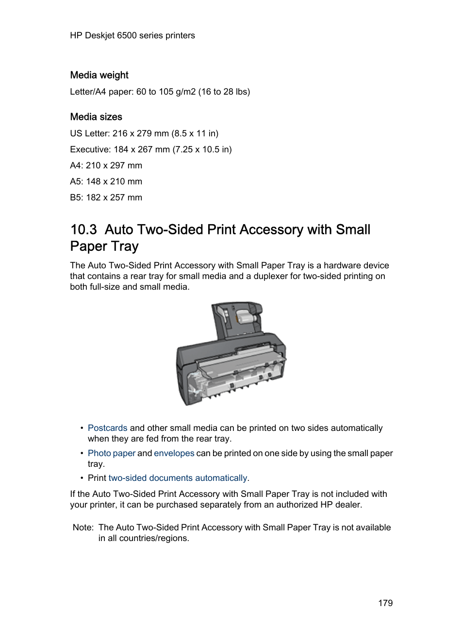 Media weight, Media sizes, Auto two-sided print | Accessory with small paper, Tray, Auto two, Sided print accessory with small paper tray, Auto two-sided print accessory, With small paper tray | HP Deskjet 6540 Color Inkjet Printer User Manual | Page 179 / 201