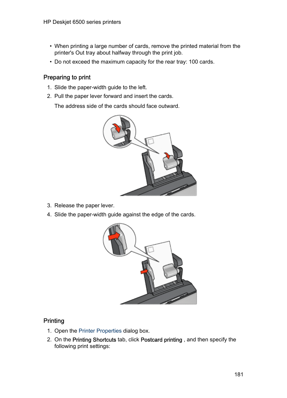 Preparing to print, Printing | HP Deskjet 6540 Color Inkjet Printer User Manual | Page 181 / 201