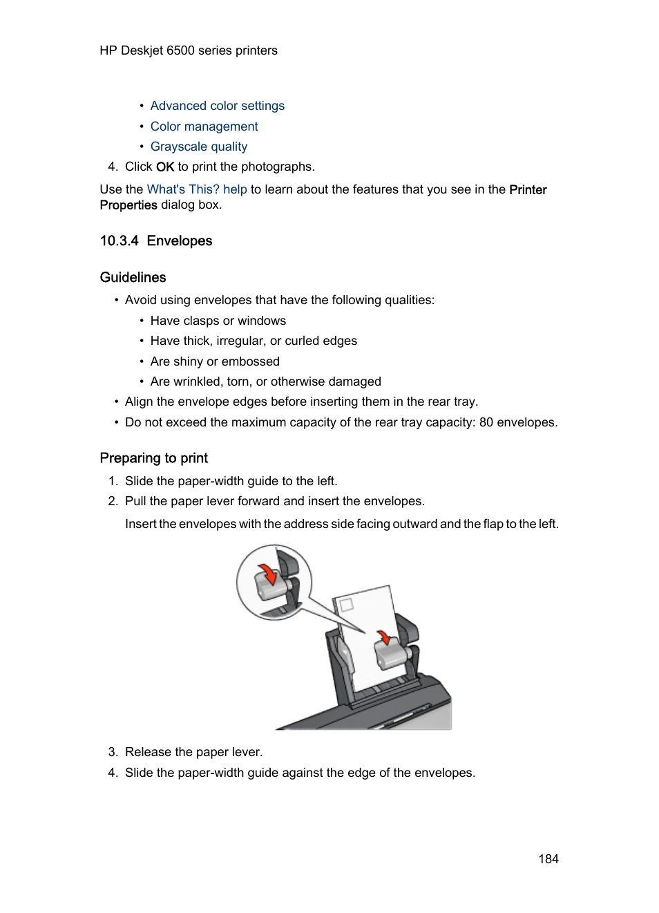 4 envelopes, Guidelines, Preparing to print | Envelopes | HP Deskjet 6540 Color Inkjet Printer User Manual | Page 184 / 201