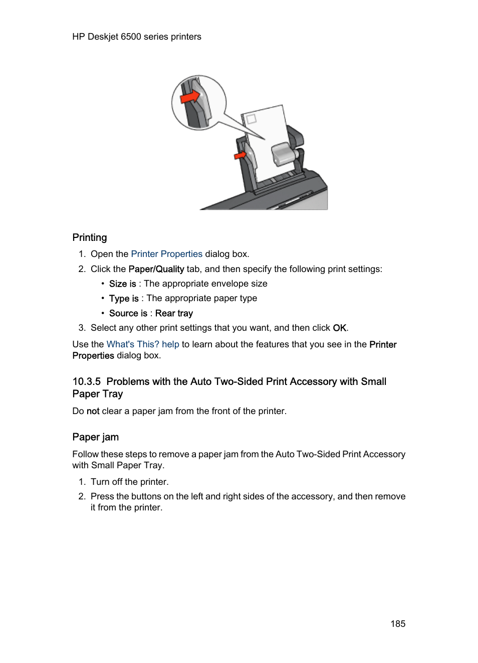 Printing, Paper jam, Steps to clear a paper jam | HP Deskjet 6540 Color Inkjet Printer User Manual | Page 185 / 201