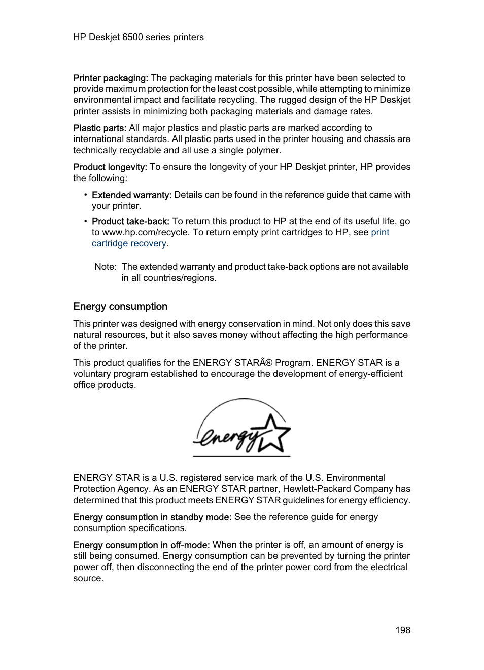 Energy consumption | HP Deskjet 6540 Color Inkjet Printer User Manual | Page 198 / 201