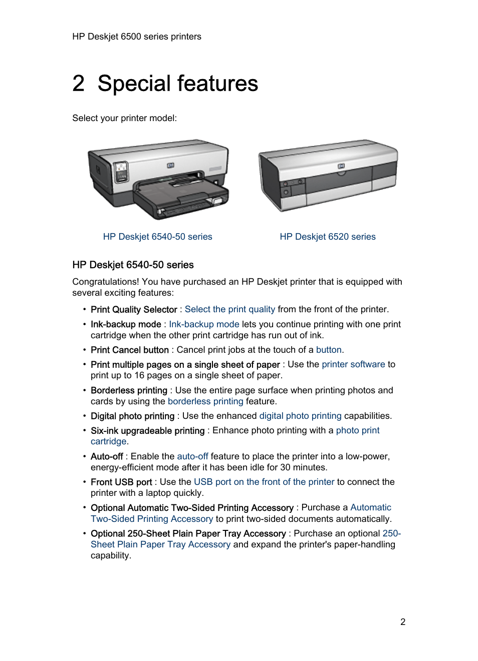 2 special features, Special features | HP Deskjet 6540 Color Inkjet Printer User Manual | Page 2 / 201