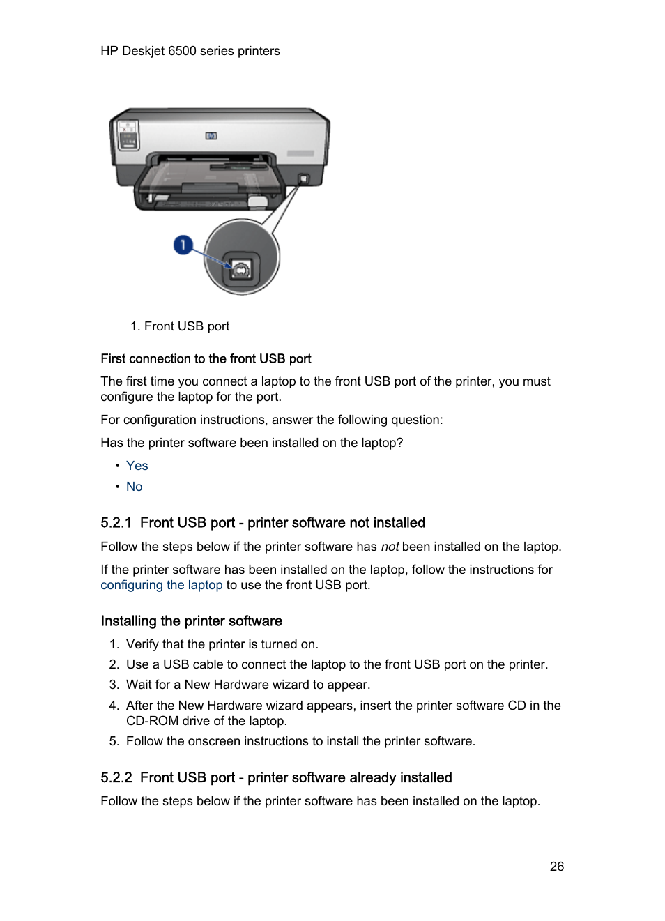 1 front usb port - printer software not installed, Installing the printer software | HP Deskjet 6540 Color Inkjet Printer User Manual | Page 26 / 201