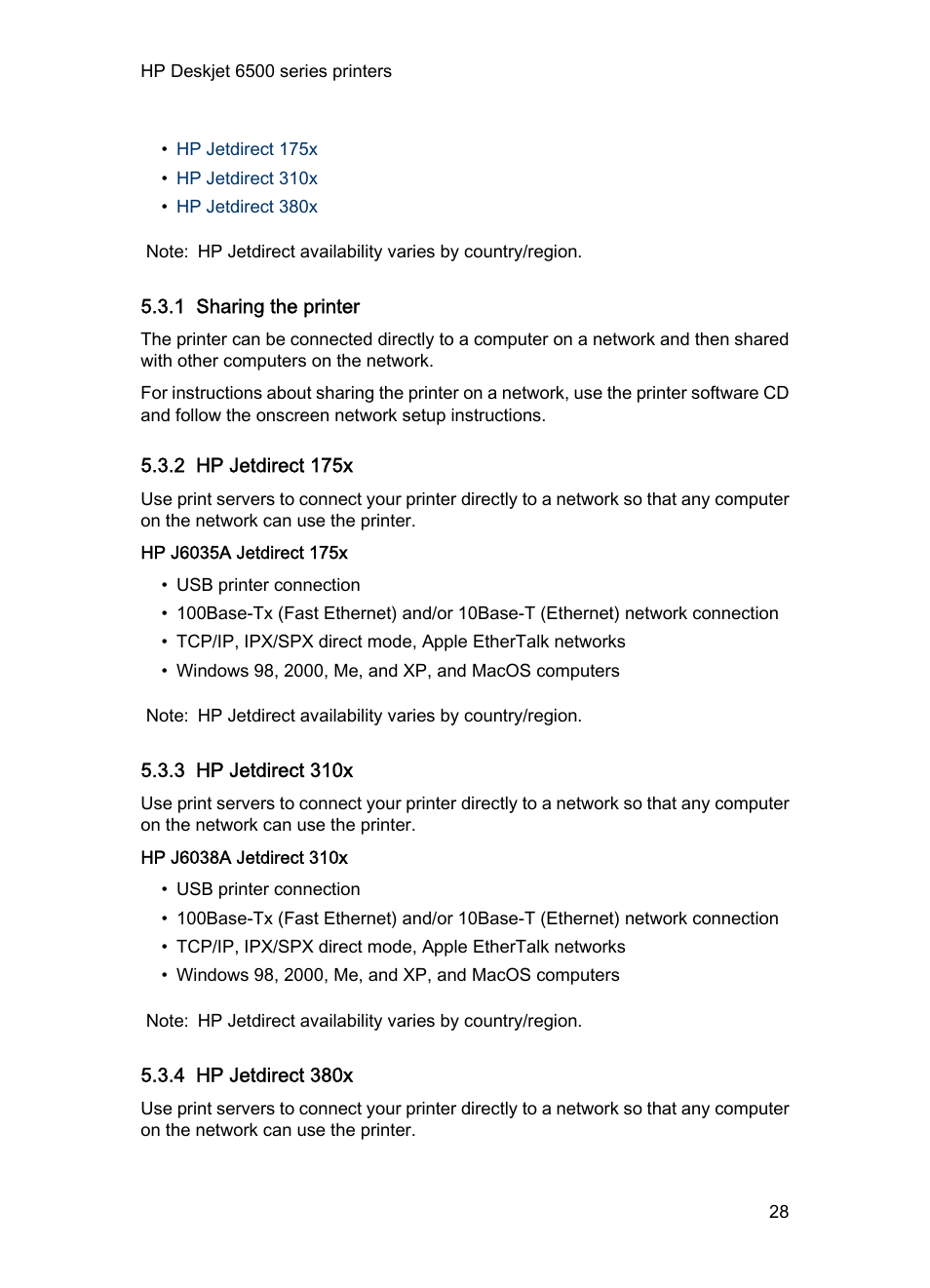 1 sharing the printer, 2 hp jetdirect 175x, 3 hp jetdirect 310x | 4 hp jetdirect 380x, Sharing the, Printer | HP Deskjet 6540 Color Inkjet Printer User Manual | Page 28 / 201