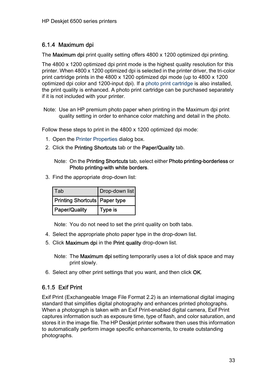 4 maximum dpi, 5 exif print, Maximum dpi | Print an, Exif-formatted, Photo if you have exif-enabled software | HP Deskjet 6540 Color Inkjet Printer User Manual | Page 33 / 201