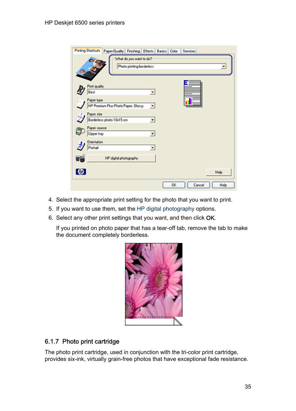 7 photo print cartridge, Photo print, Cartridge | Photo print cartridge, Use the, For great colors, Optimized dpi color and 1200-input dpi). if a, Is also installed | HP Deskjet 6540 Color Inkjet Printer User Manual | Page 35 / 201