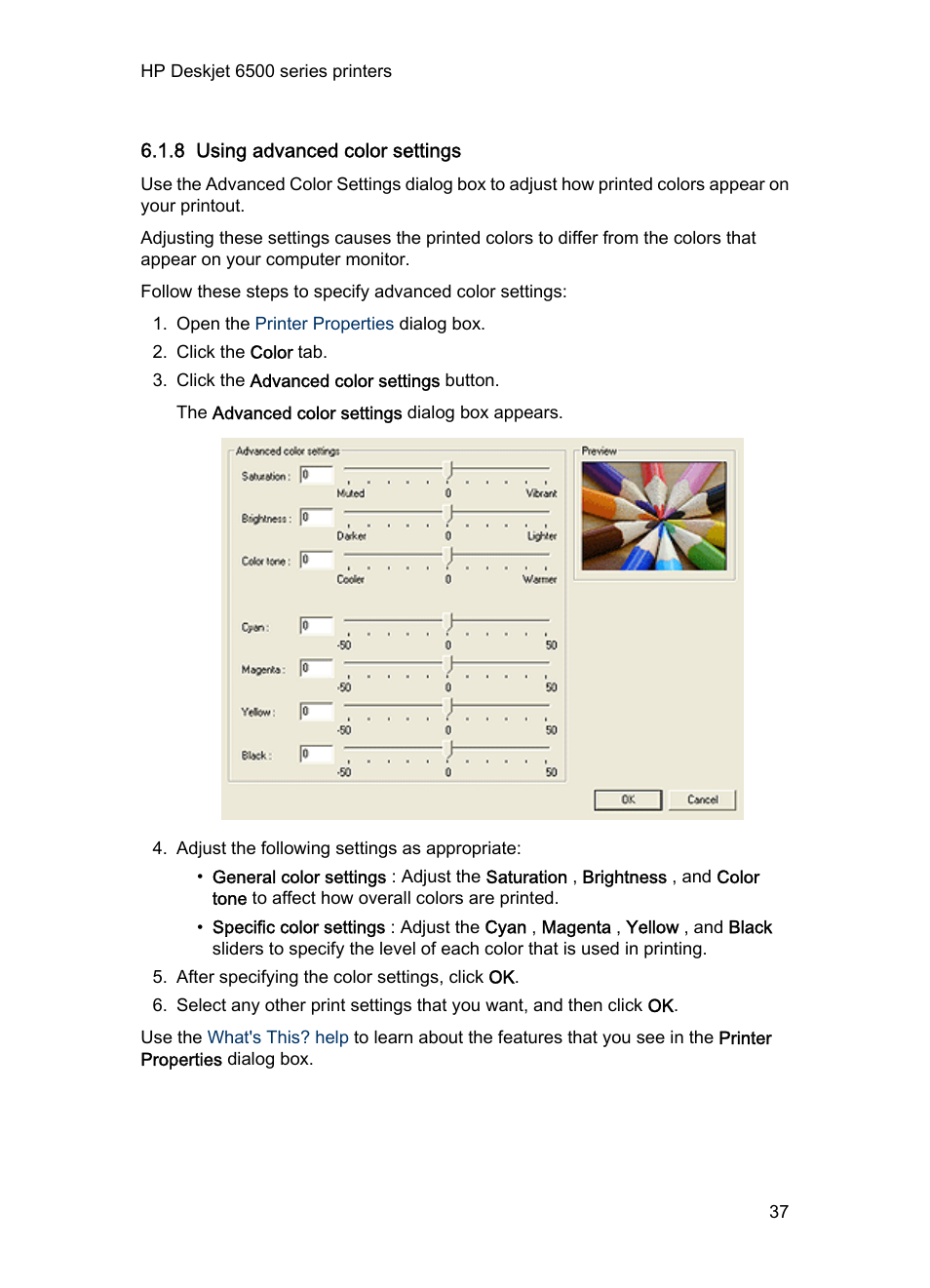 8 using advanced color settings, Advanced color settings | HP Deskjet 6540 Color Inkjet Printer User Manual | Page 37 / 201