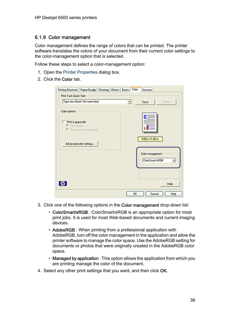 9 color management, Color management | HP Deskjet 6540 Color Inkjet Printer User Manual | Page 38 / 201