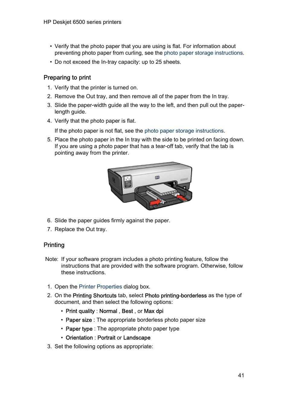 Preparing to print, Printing | HP Deskjet 6540 Color Inkjet Printer User Manual | Page 41 / 201