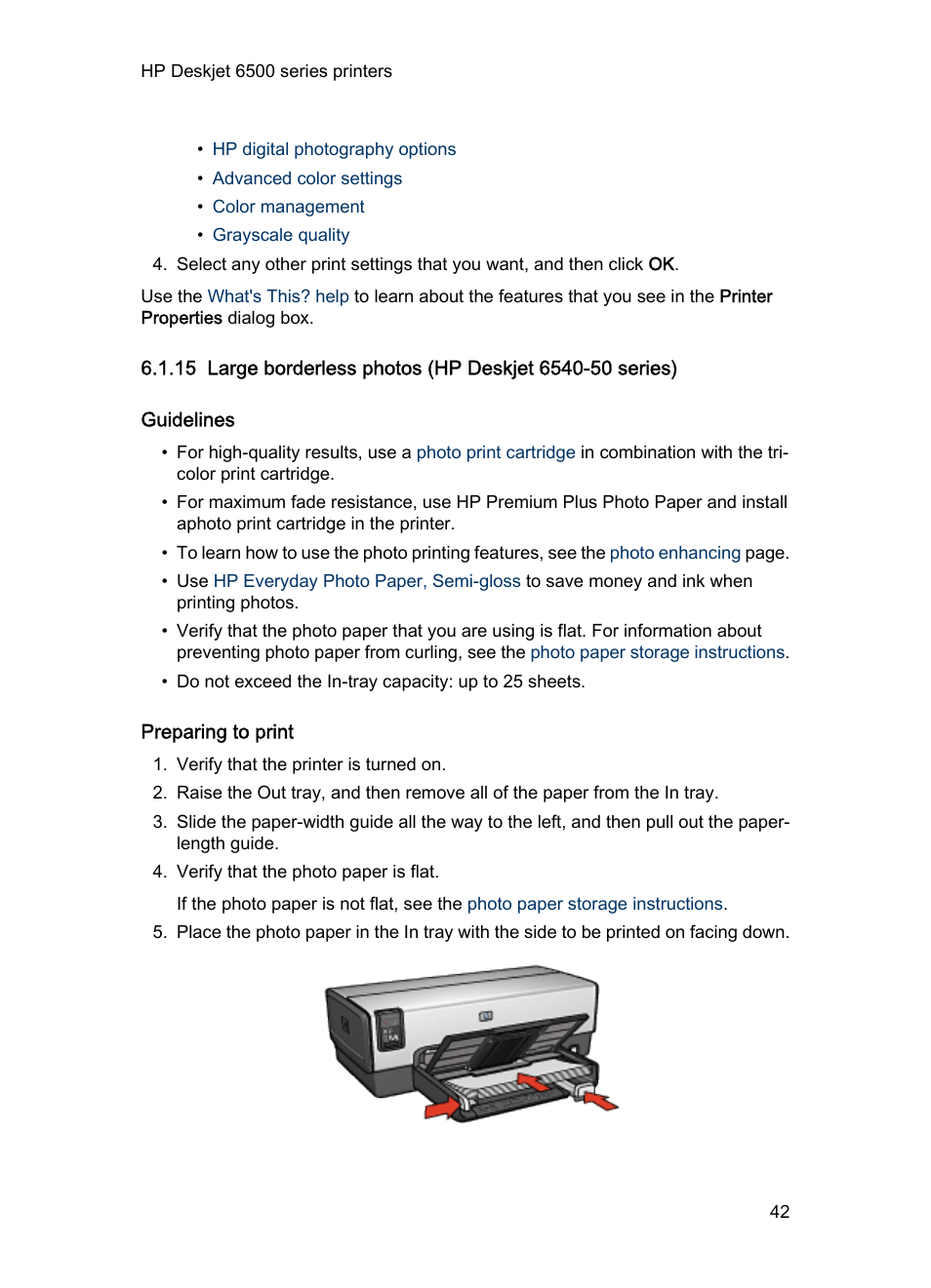 Guidelines, Preparing to print, Large borderless photo | HP Deskjet 6540 Color Inkjet Printer User Manual | Page 42 / 201