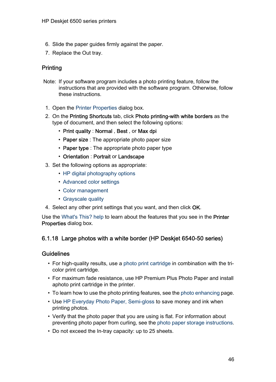 Printing, Guidelines, Large photo | With a white border | HP Deskjet 6540 Color Inkjet Printer User Manual | Page 46 / 201