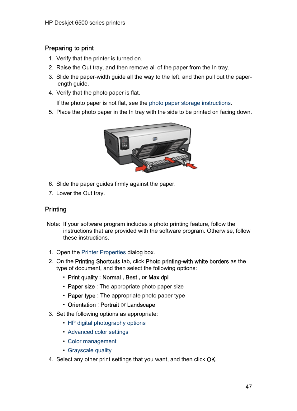 Preparing to print, Printing | HP Deskjet 6540 Color Inkjet Printer User Manual | Page 47 / 201