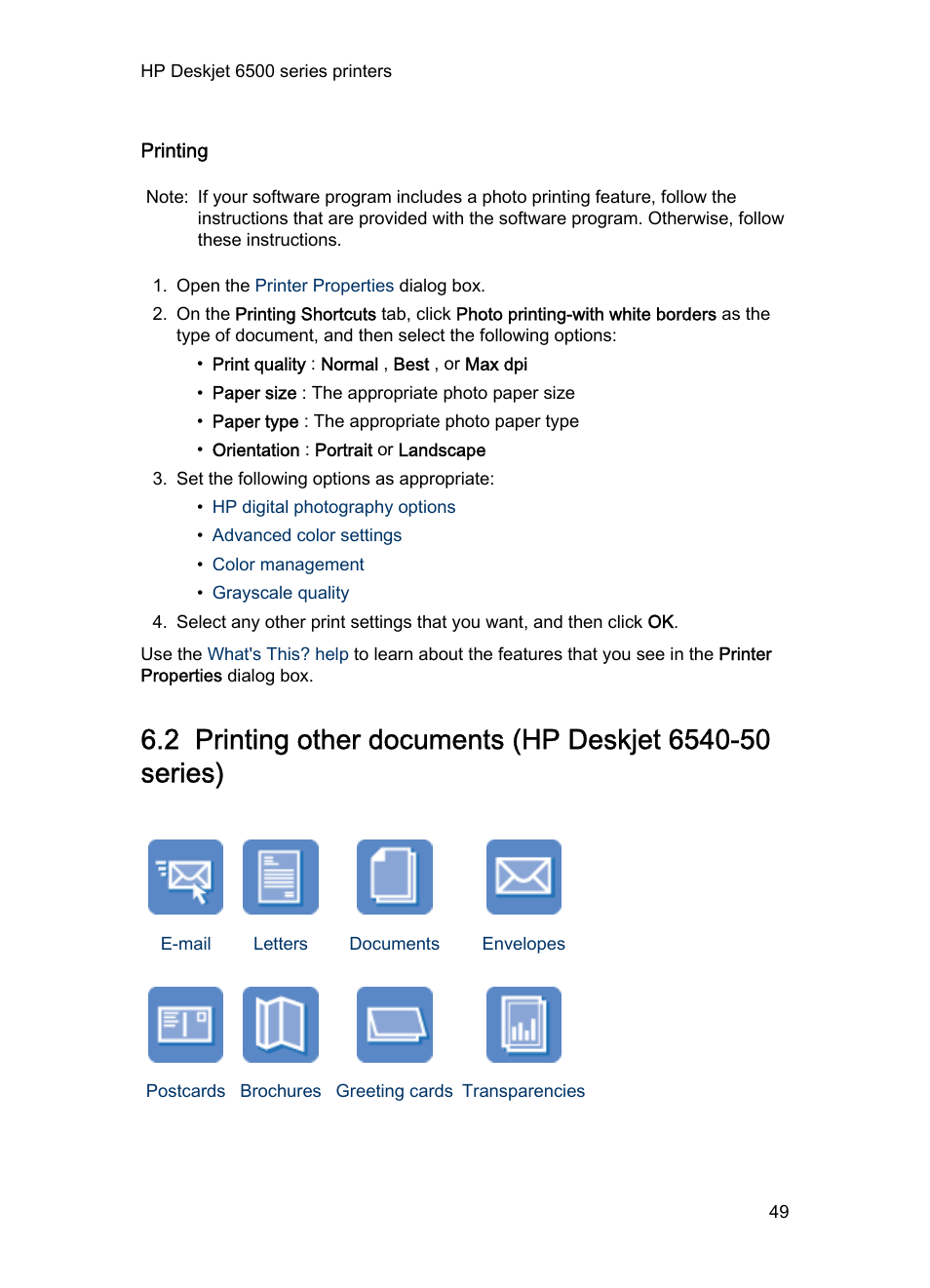 Printing, Printing other documents | HP Deskjet 6540 Color Inkjet Printer User Manual | Page 49 / 201