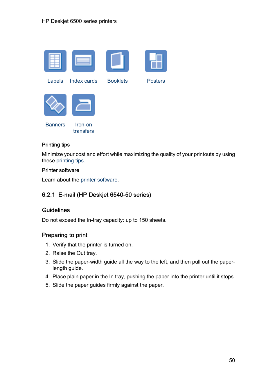 1 e-mail (hp deskjet 6540-50 series), Guidelines, Preparing to print | E-mail | HP Deskjet 6540 Color Inkjet Printer User Manual | Page 50 / 201