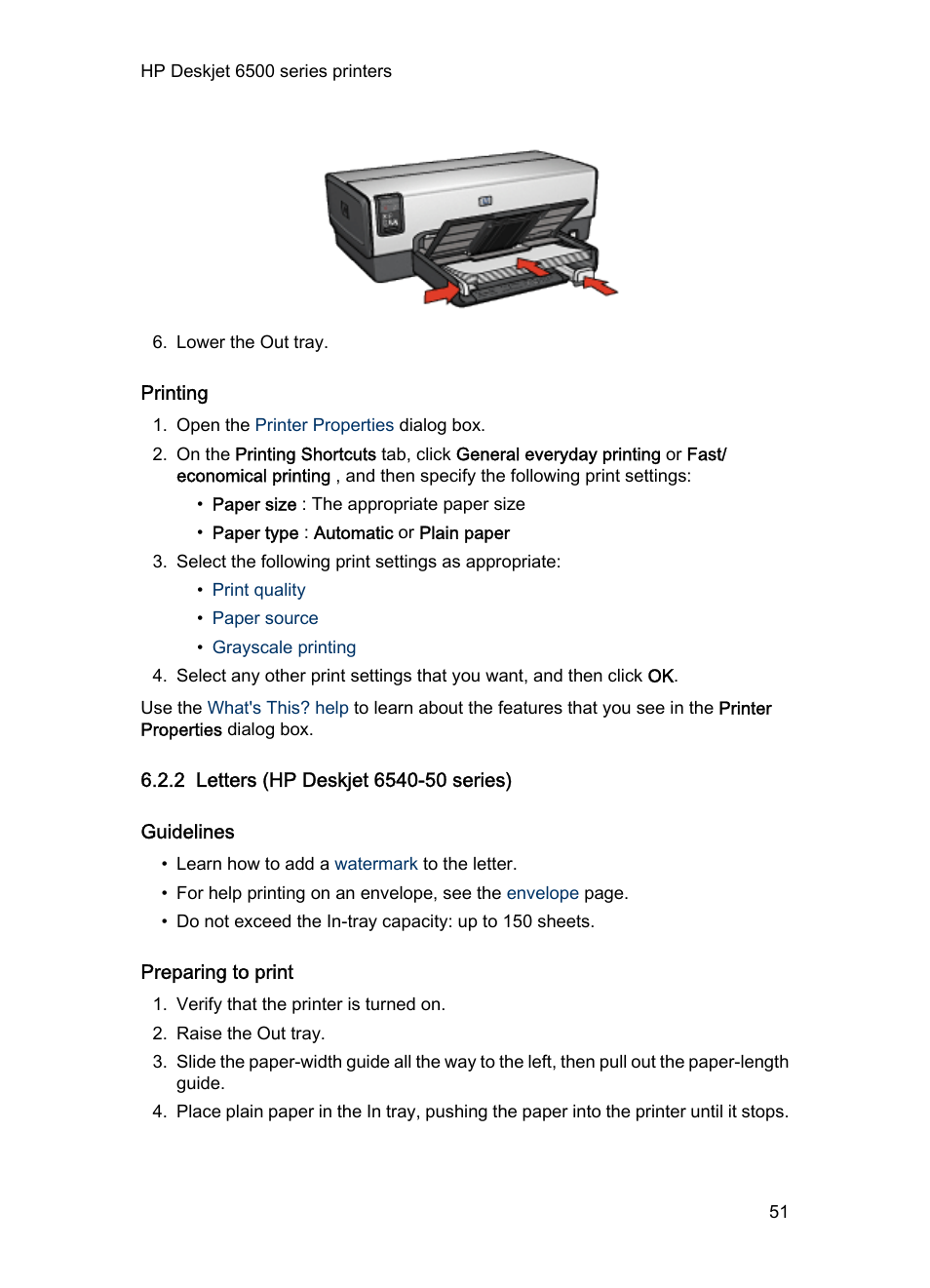 Printing, 2 letters (hp deskjet 6540-50 series), Guidelines | Preparing to print, Letters | HP Deskjet 6540 Color Inkjet Printer User Manual | Page 51 / 201