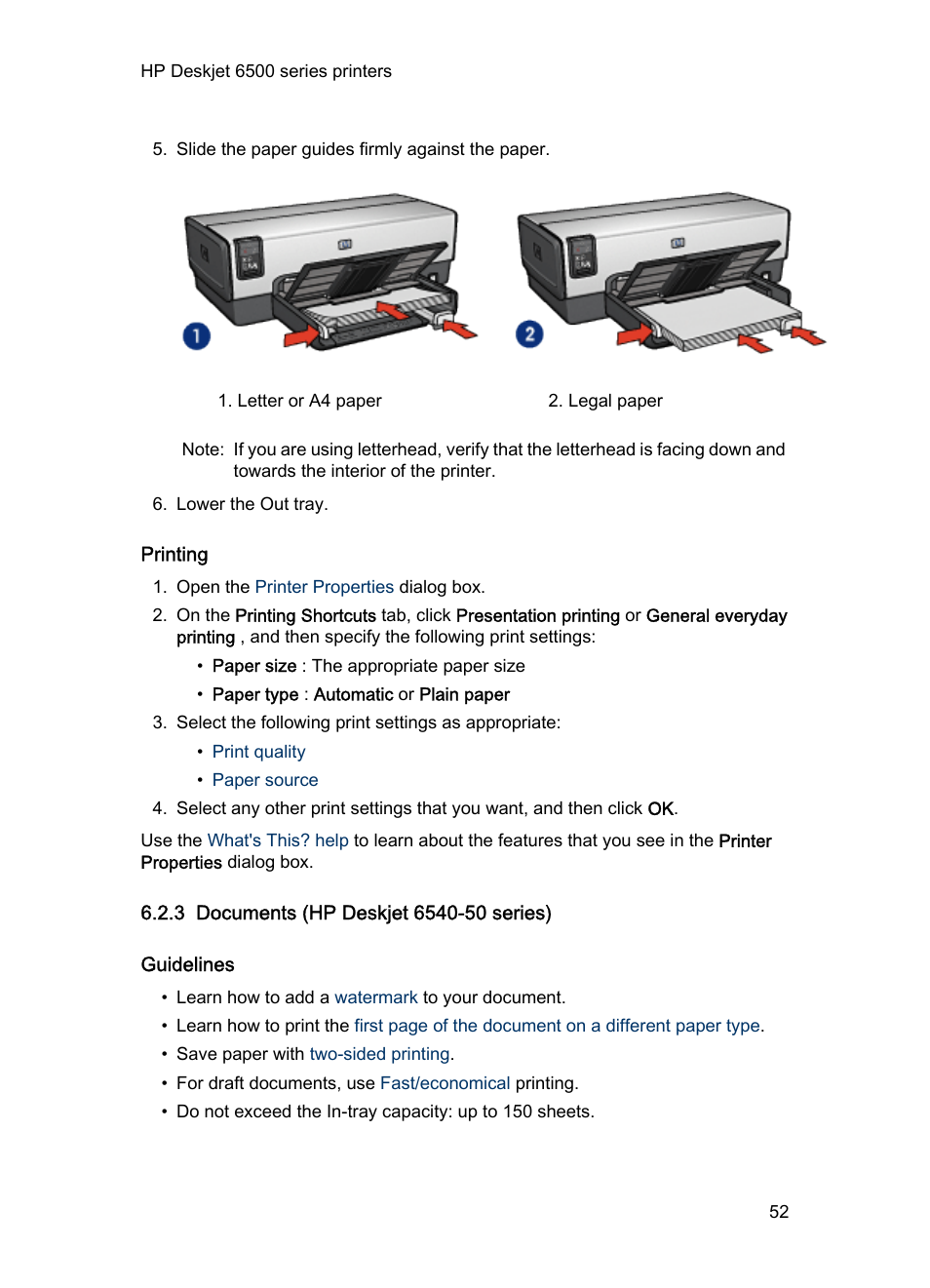 Printing, 3 documents (hp deskjet 6540-50 series), Guidelines | Documents | HP Deskjet 6540 Color Inkjet Printer User Manual | Page 52 / 201