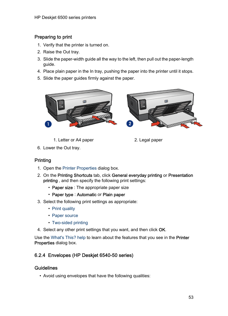 Preparing to print, Printing, 4 envelopes (hp deskjet 6540-50 series) | Guidelines, Envelopes, Envelope | HP Deskjet 6540 Color Inkjet Printer User Manual | Page 53 / 201