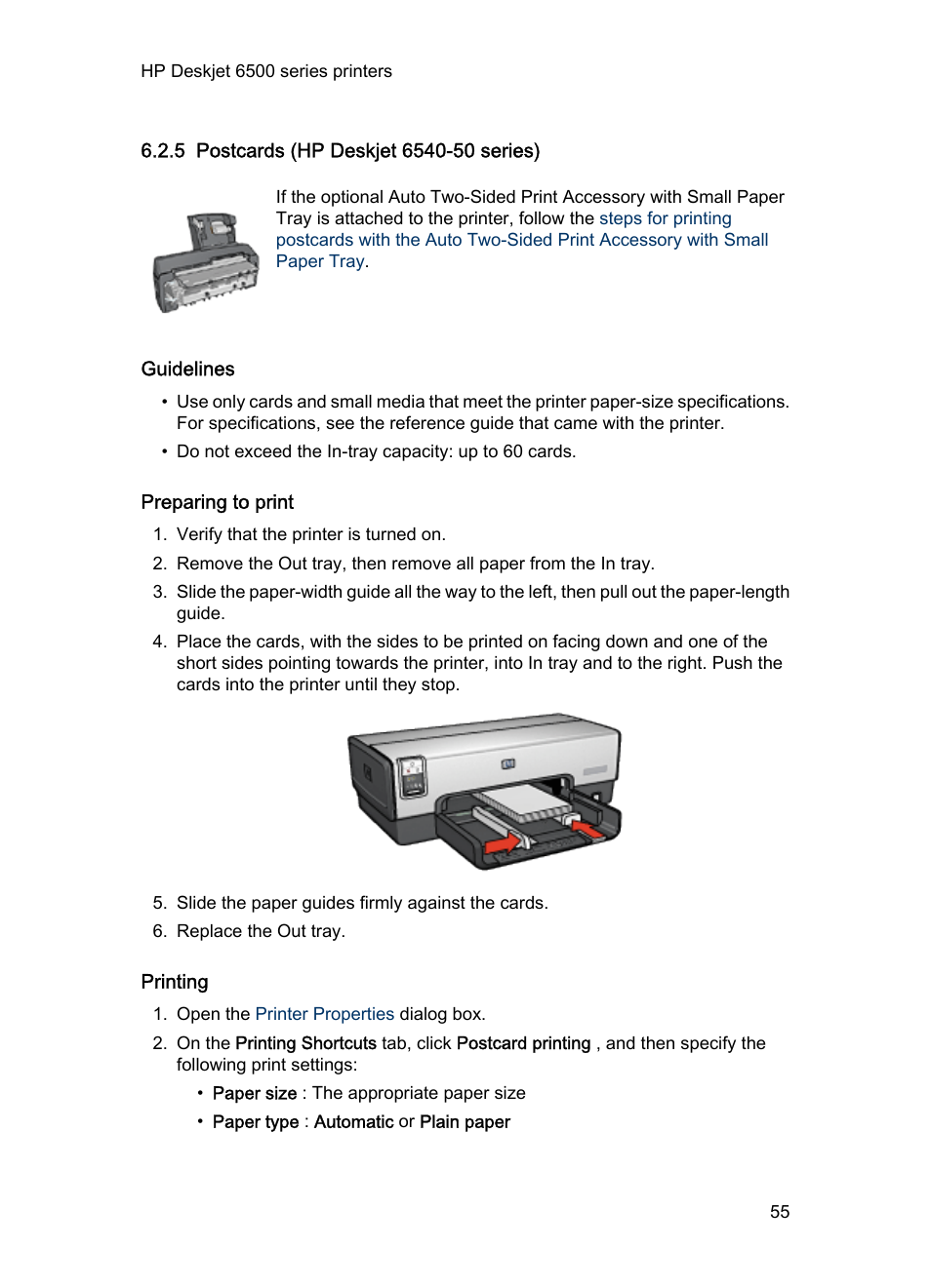 5 postcards (hp deskjet 6540-50 series), Guidelines, Preparing to print | Printing, Postcards | HP Deskjet 6540 Color Inkjet Printer User Manual | Page 55 / 201