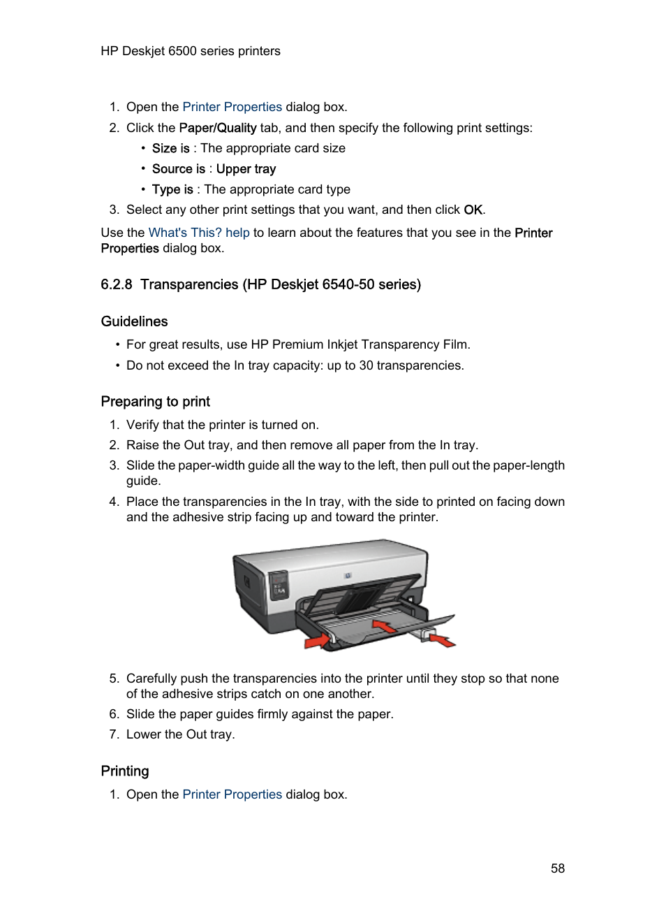 8 transparencies (hp deskjet 6540-50 series), Guidelines, Preparing to print | Printing, Transparencies | HP Deskjet 6540 Color Inkjet Printer User Manual | Page 58 / 201