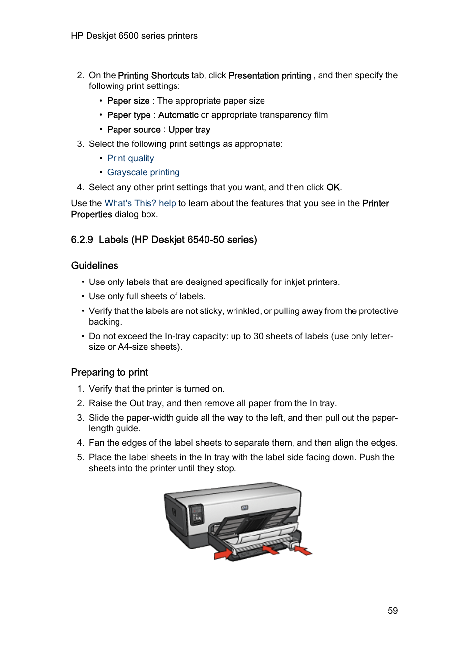 9 labels (hp deskjet 6540-50 series), Guidelines, Preparing to print | Labels | HP Deskjet 6540 Color Inkjet Printer User Manual | Page 59 / 201