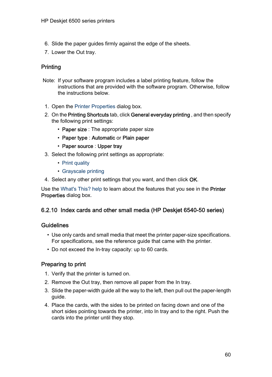 Printing, Guidelines, Preparing to print | Index cards | HP Deskjet 6540 Color Inkjet Printer User Manual | Page 60 / 201