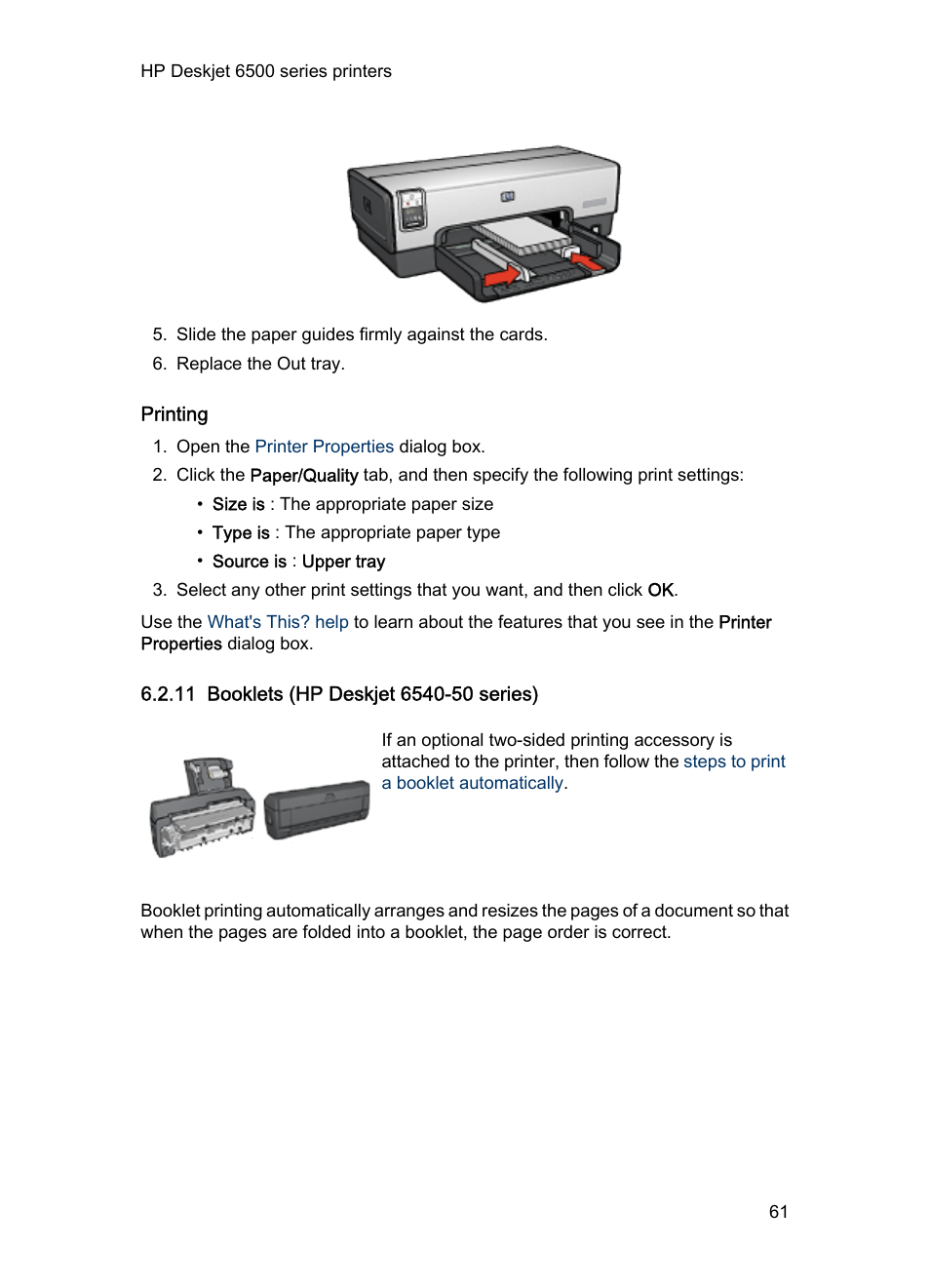 Printing, 11 booklets (hp deskjet 6540-50 series), Booklets | HP Deskjet 6540 Color Inkjet Printer User Manual | Page 61 / 201