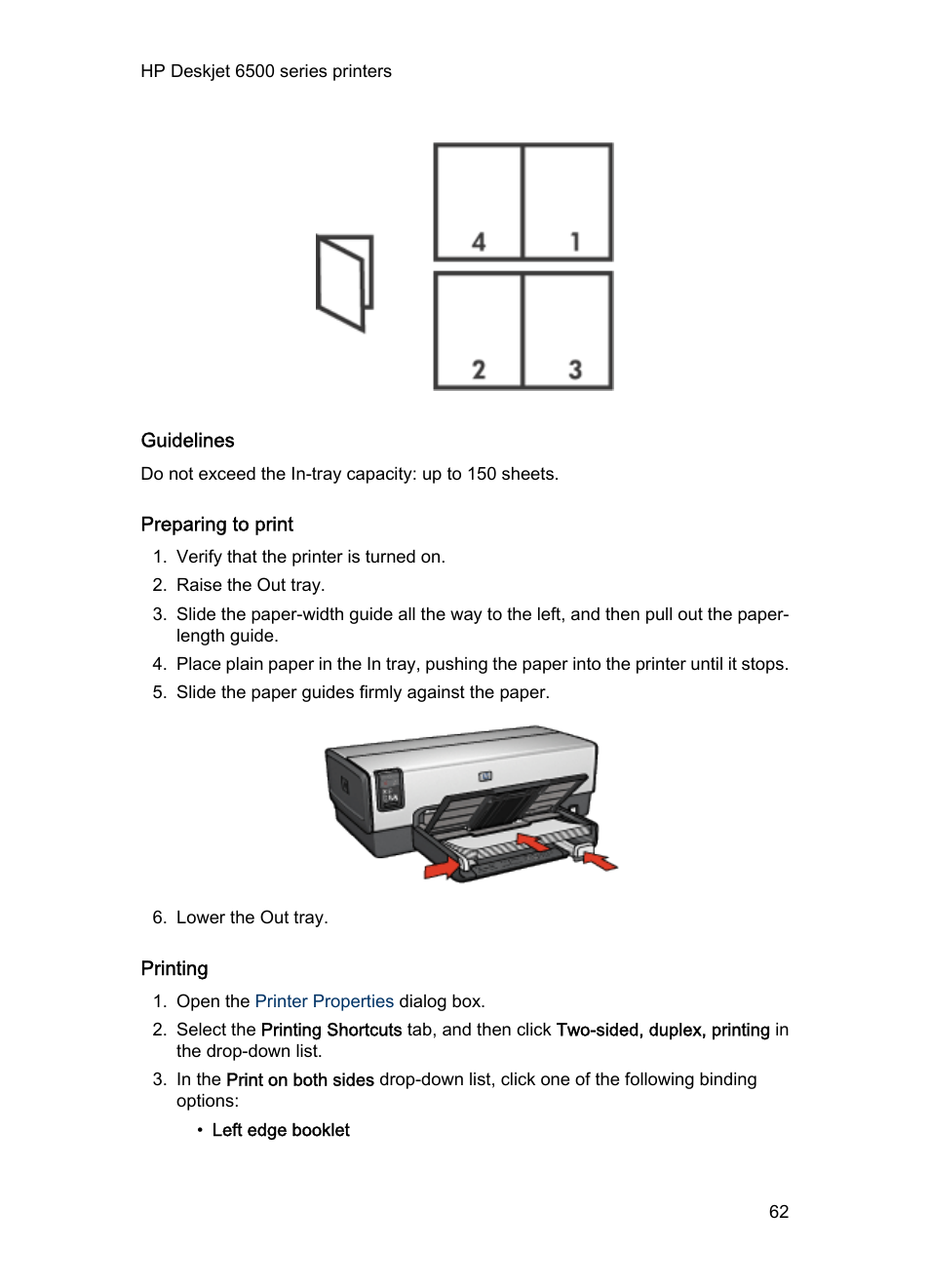 Guidelines, Preparing to print, Printing | HP Deskjet 6540 Color Inkjet Printer User Manual | Page 62 / 201