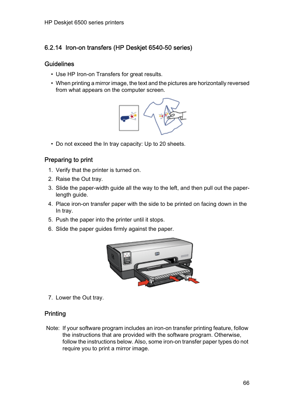 14 iron-on transfers (hp deskjet 6540-50 series), Guidelines, Preparing to print | Printing, Iron-on, Transfers | HP Deskjet 6540 Color Inkjet Printer User Manual | Page 66 / 201