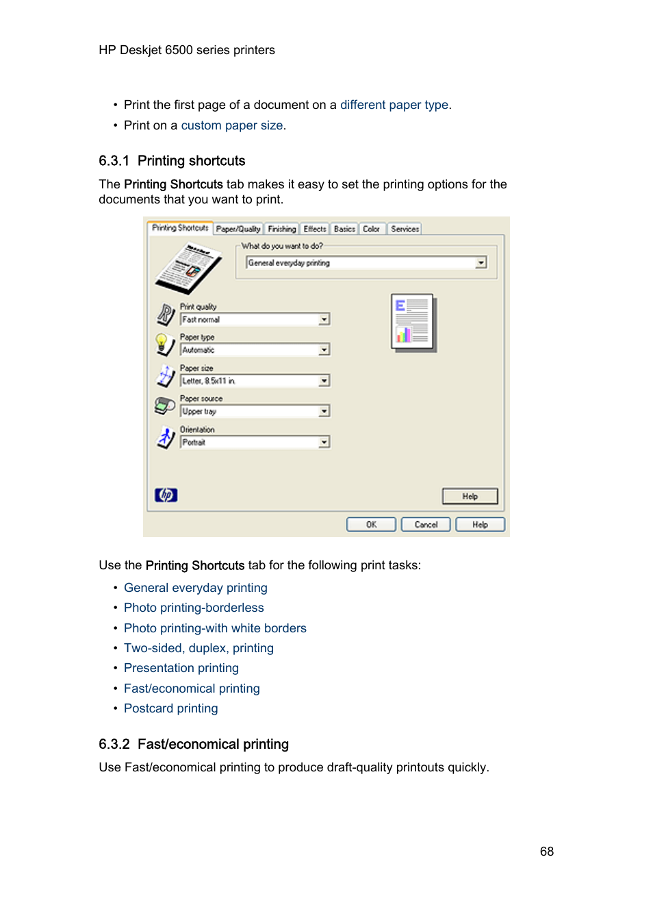 1 printing shortcuts, 2 fast/economical printing, For draft documents, use | Fast/economical, Printing, Use the, Printing shortcuts, Fast/economical printing | HP Deskjet 6540 Color Inkjet Printer User Manual | Page 68 / 201