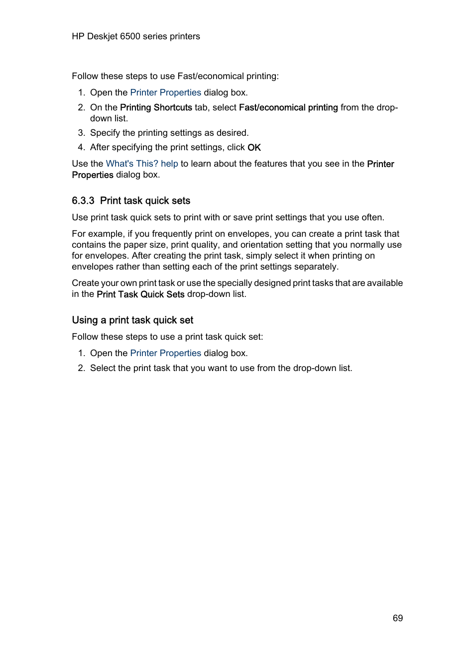 3 print task quick sets, Using a print task quick set, Create | Print task quick sets | HP Deskjet 6540 Color Inkjet Printer User Manual | Page 69 / 201