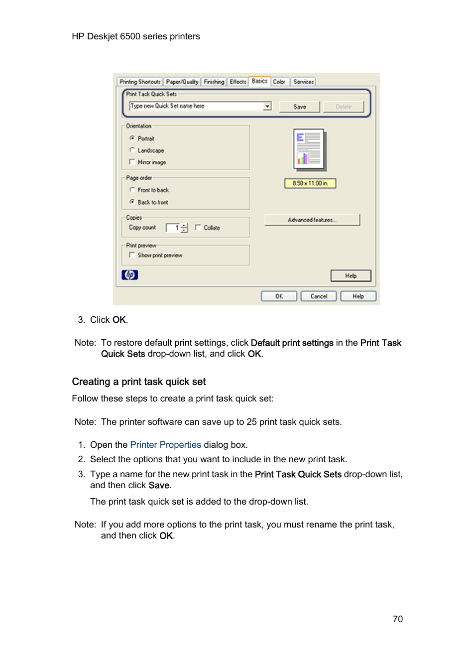 Creating a print task quick set | HP Deskjet 6540 Color Inkjet Printer User Manual | Page 70 / 201