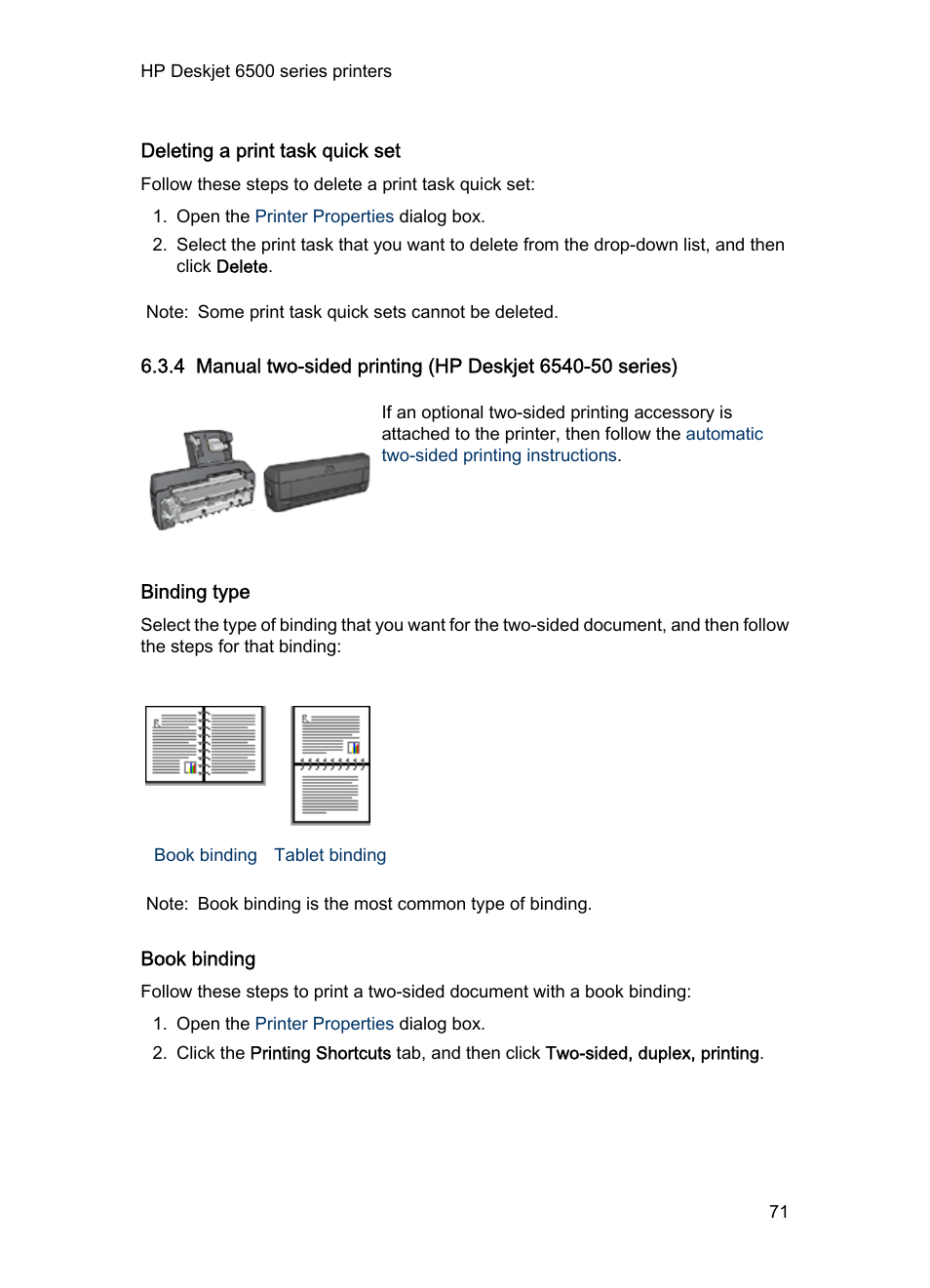 Deleting a print task quick set, Binding type, Book binding | Two-sided printing, Manually | HP Deskjet 6540 Color Inkjet Printer User Manual | Page 71 / 201