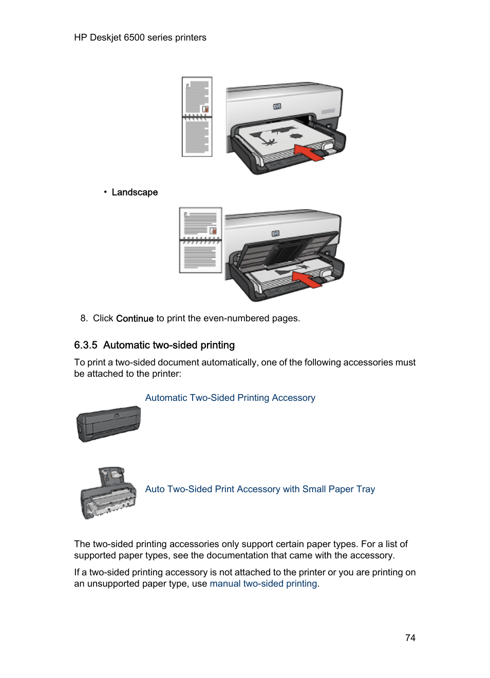 5 automatic two-sided printing, Automatically, Automatic | Two-sided printing instructions | HP Deskjet 6540 Color Inkjet Printer User Manual | Page 74 / 201