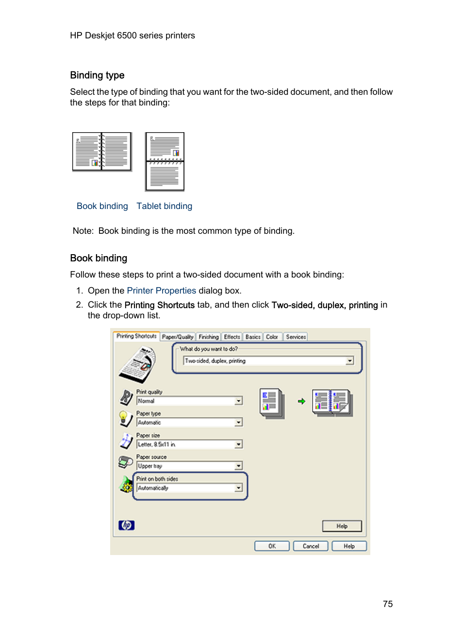 Binding type, Book binding | HP Deskjet 6540 Color Inkjet Printer User Manual | Page 75 / 201