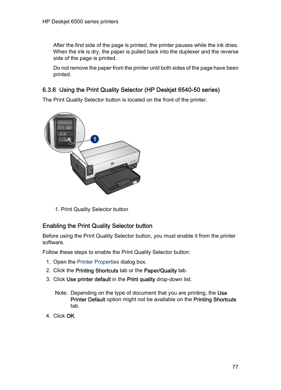 Enabling the print quality selector button | HP Deskjet 6540 Color Inkjet Printer User Manual | Page 77 / 201