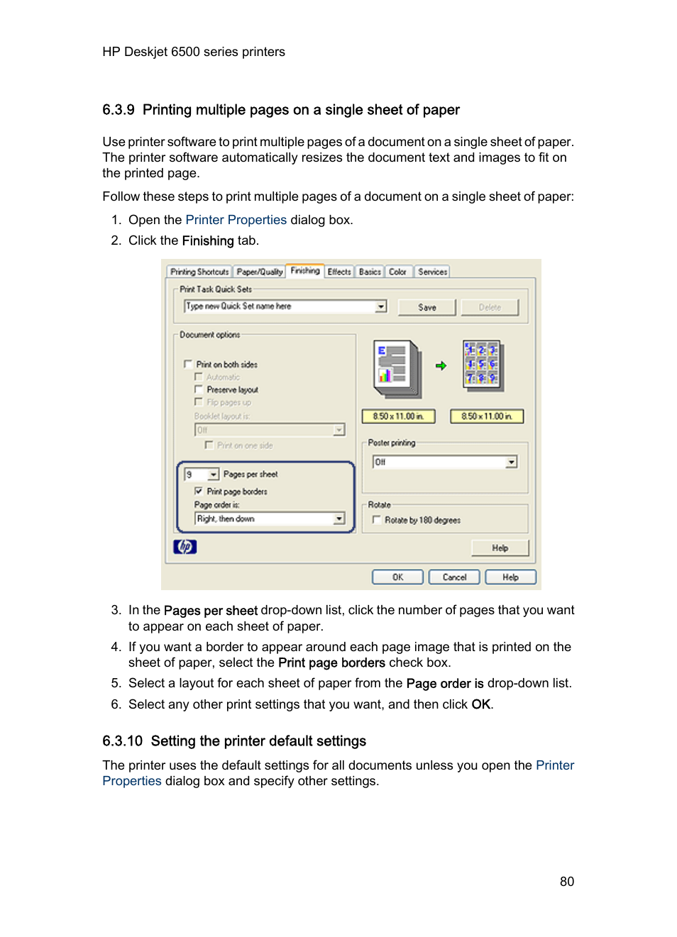 10 setting the printer default settings, Printer software, Set the | Printer default settings, For options that you use often | HP Deskjet 6540 Color Inkjet Printer User Manual | Page 80 / 201