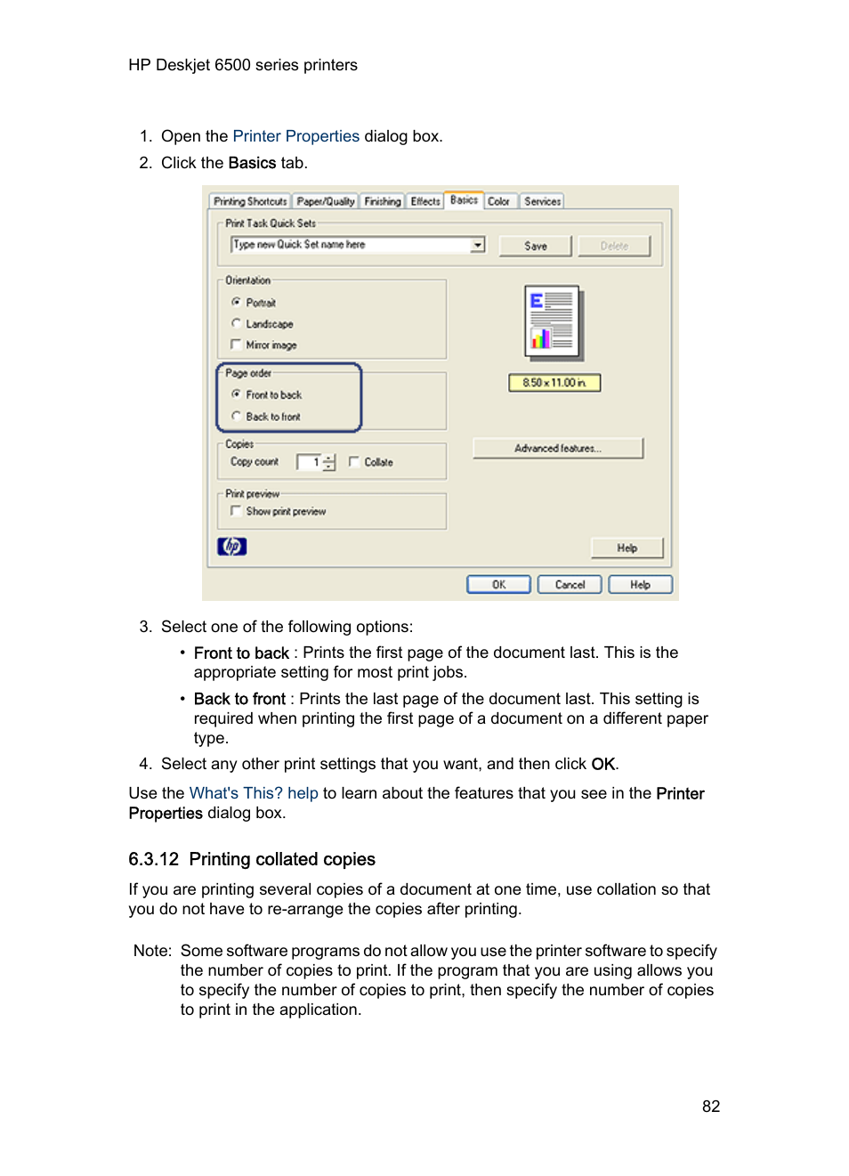 12 printing collated copies, Collated copies | HP Deskjet 6540 Color Inkjet Printer User Manual | Page 82 / 201