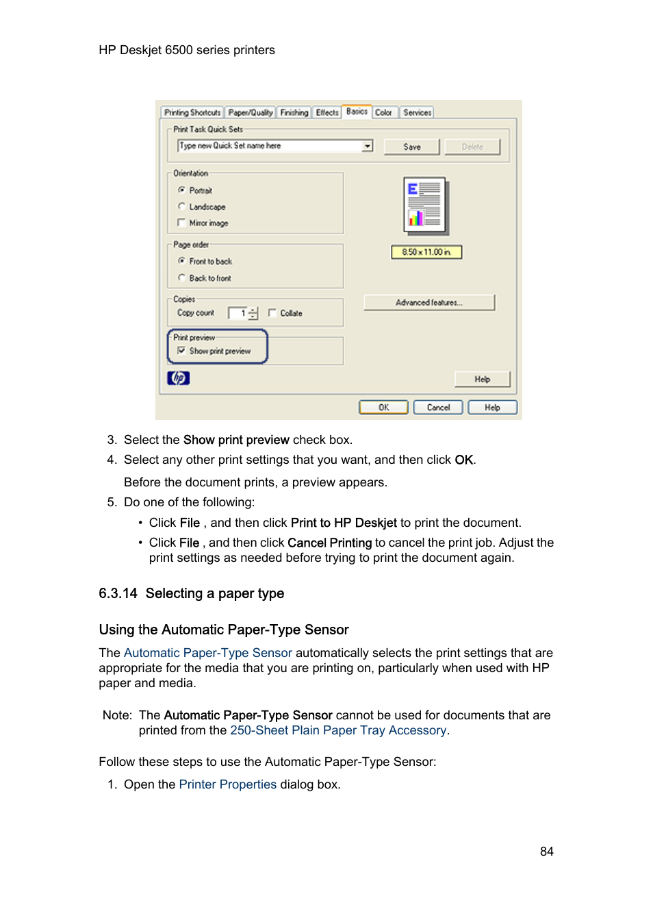 14 selecting a paper type, Using the automatic paper-type sensor, To use the automatic paper-type sensor, see the | Paper-type selection, Paper type | HP Deskjet 6540 Color Inkjet Printer User Manual | Page 84 / 201