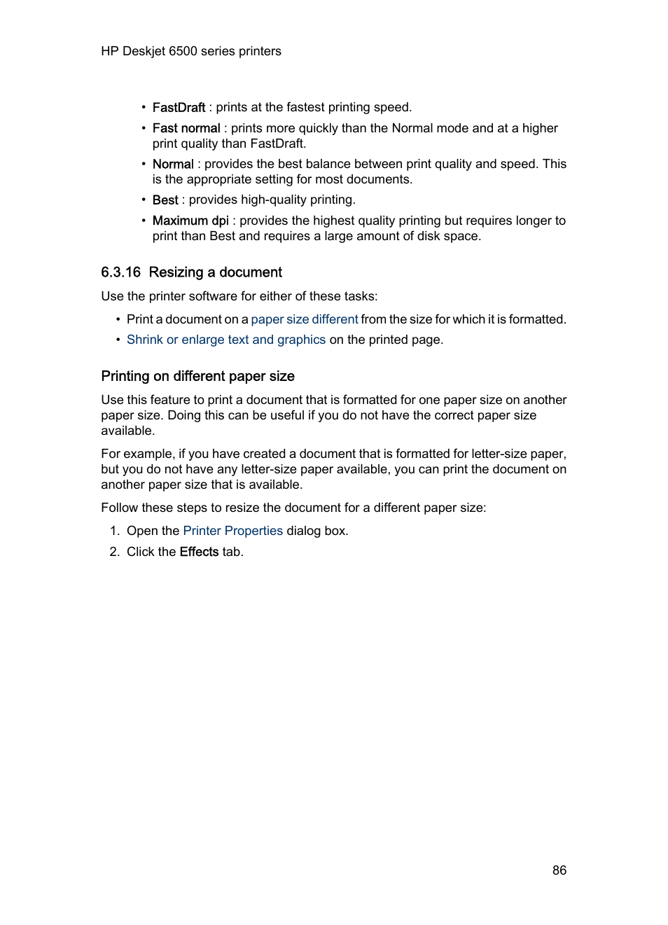 16 resizing a document, Printing on different paper size, Resize | HP Deskjet 6540 Color Inkjet Printer User Manual | Page 86 / 201