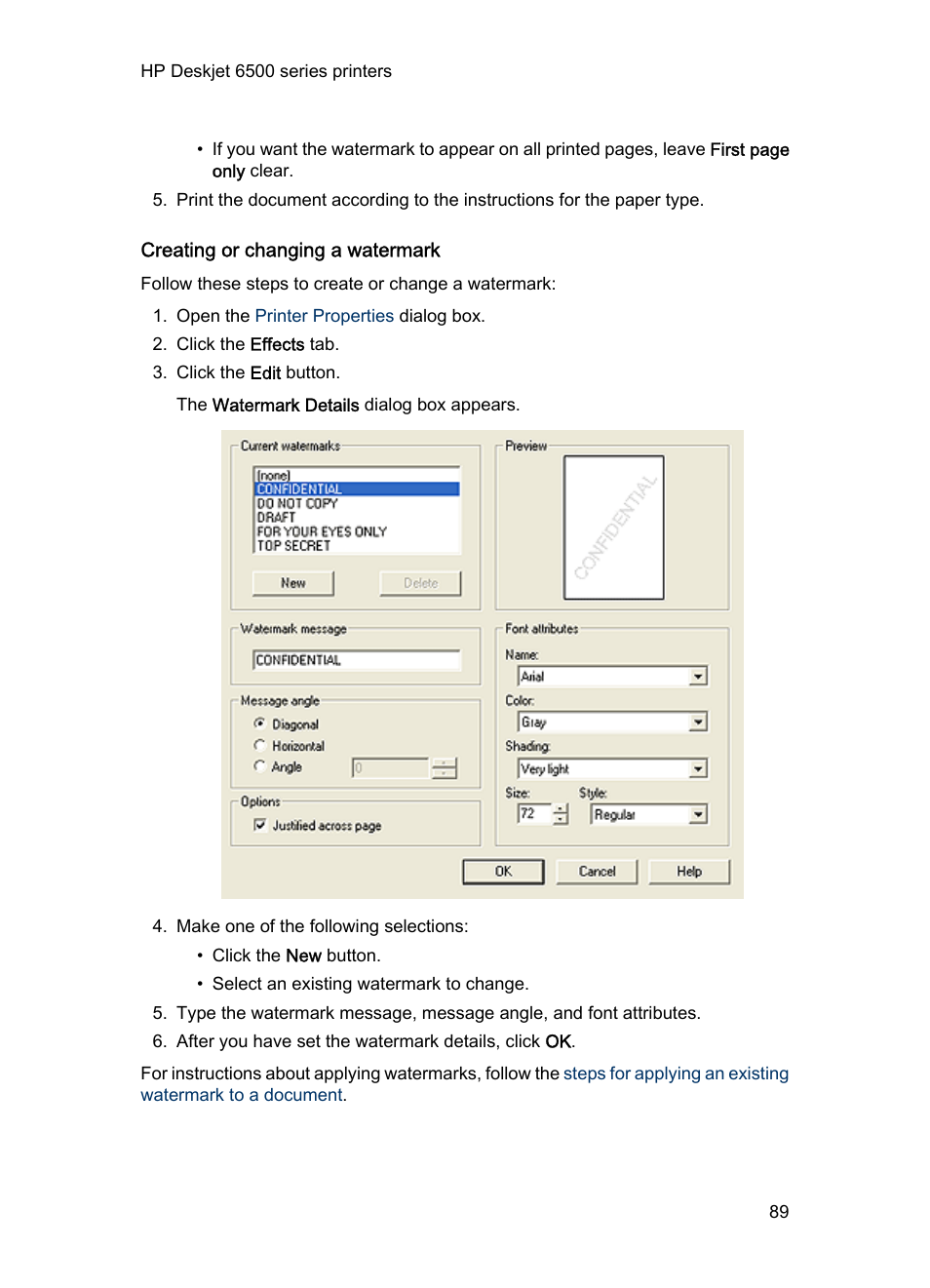 Creating or changing a watermark | HP Deskjet 6540 Color Inkjet Printer User Manual | Page 89 / 201