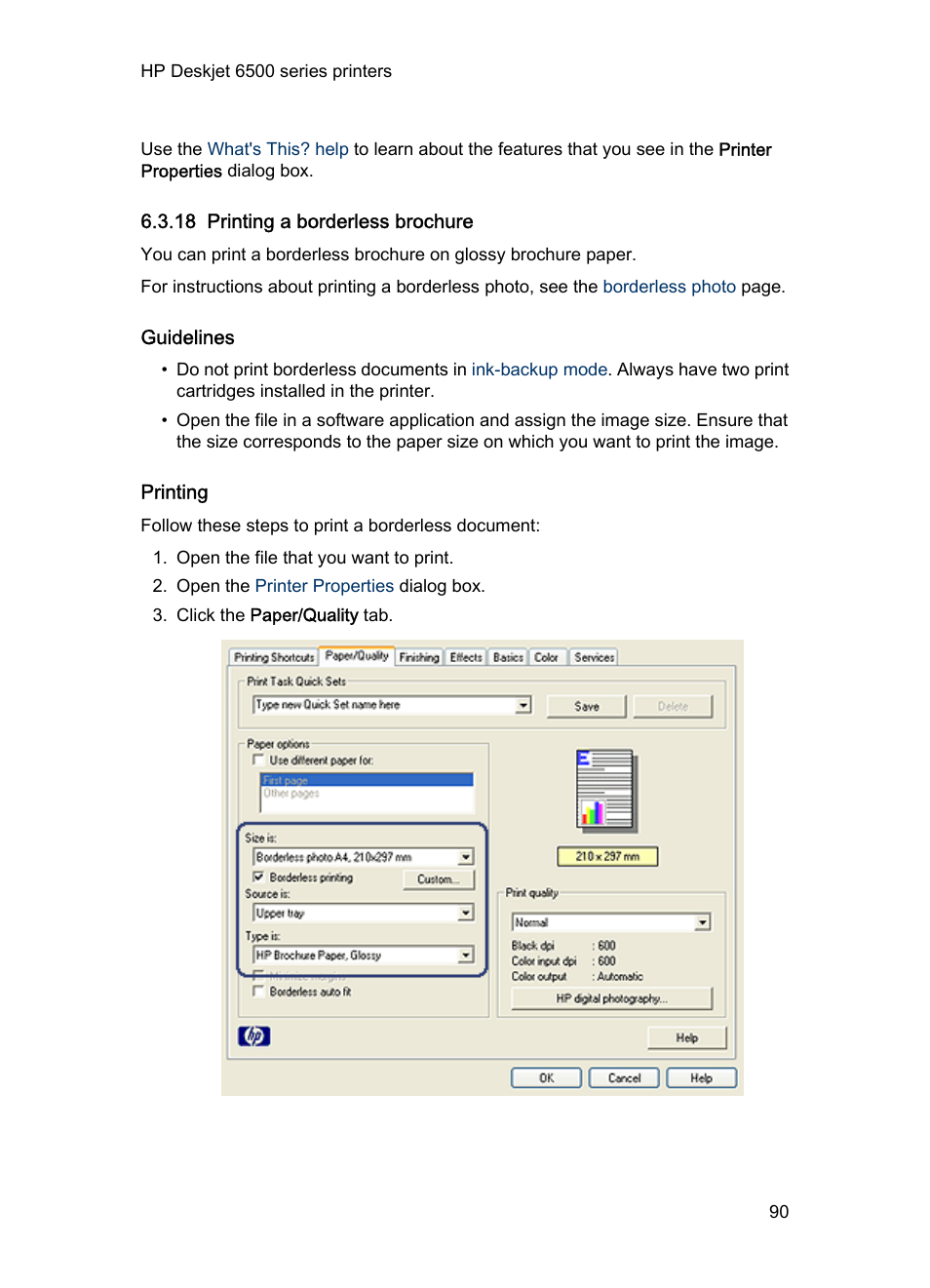 18 printing a borderless brochure, Guidelines, Printing | Learn to print, Borderless, Print a, Borderless brochure | HP Deskjet 6540 Color Inkjet Printer User Manual | Page 90 / 201