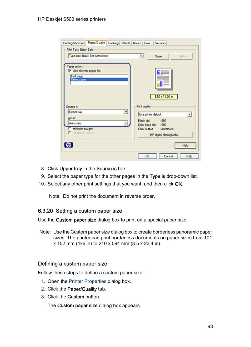 20 setting a custom paper size, Defining a custom paper size, Custom paper size | HP Deskjet 6540 Color Inkjet Printer User Manual | Page 93 / 201