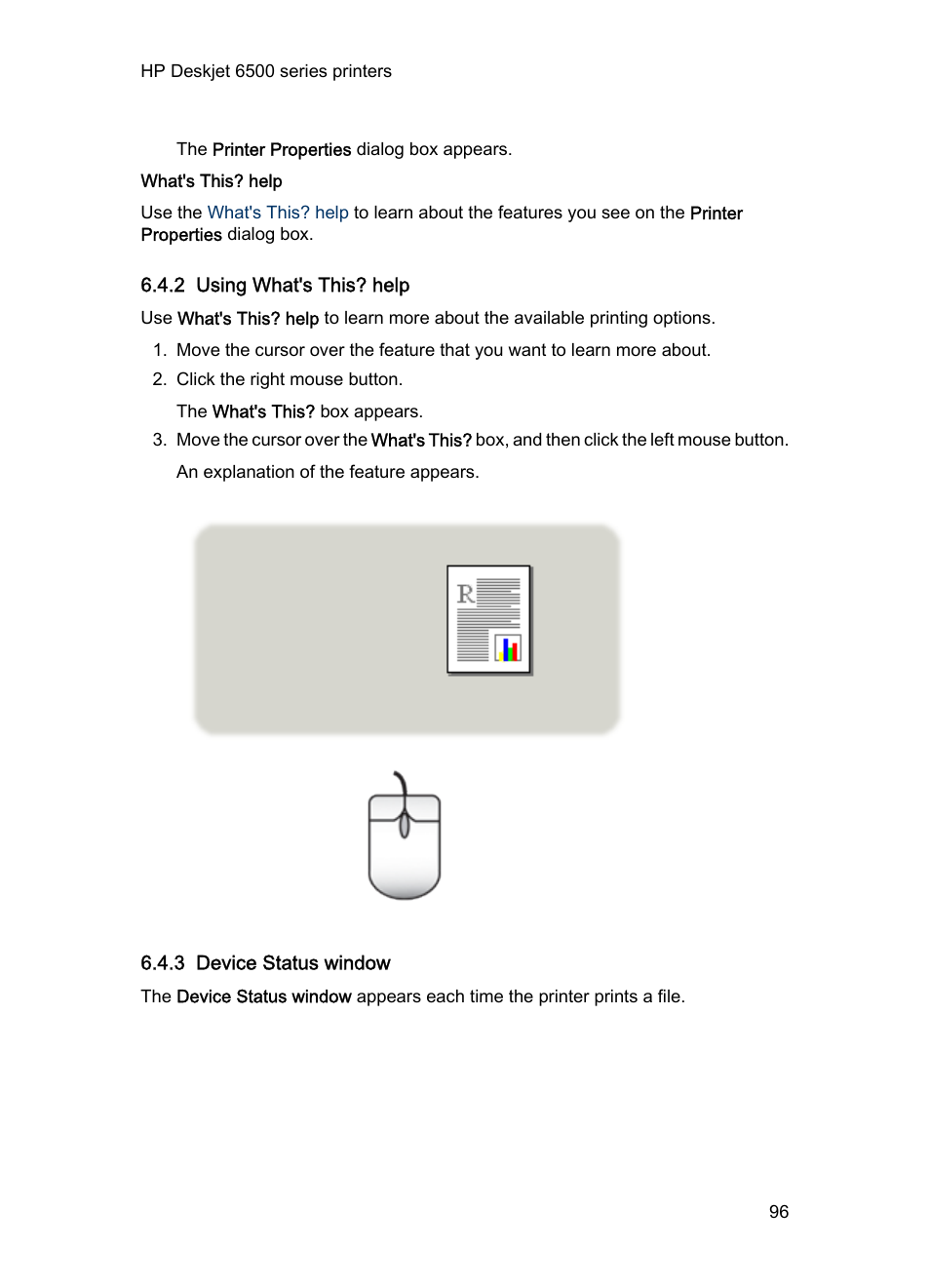 What's this? help, 2 using what's this? help, 3 device status window | HP Deskjet 6540 Color Inkjet Printer User Manual | Page 96 / 201